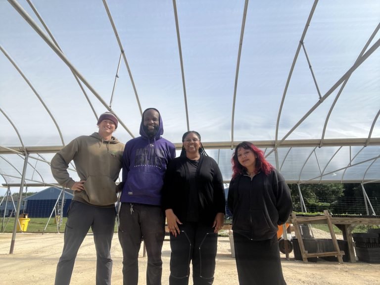 Kareem, Matthew, Frankie from New Village Academy, and Yessenia standing in the greenhouse